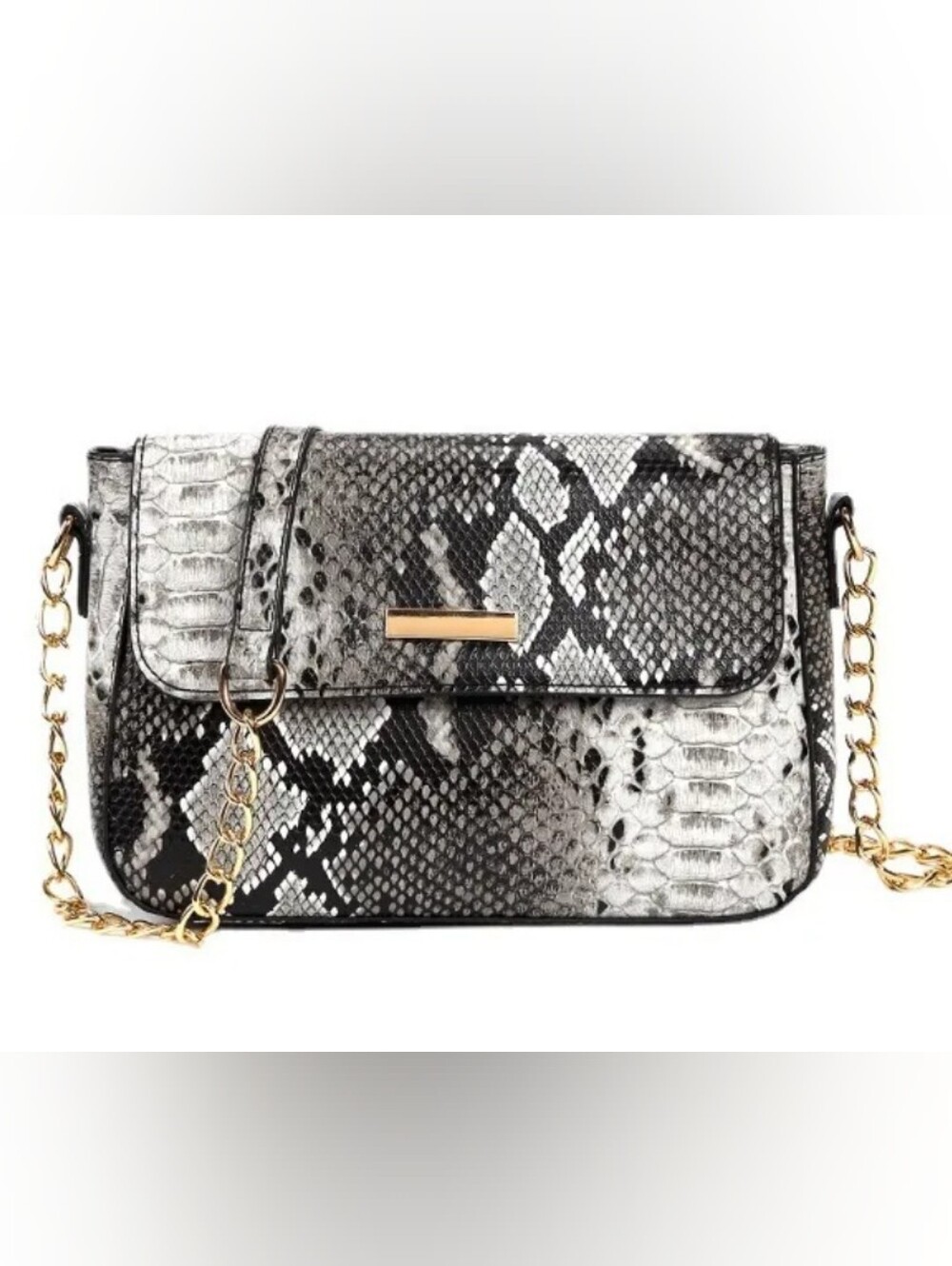 Snake-Print Crossbody Bag in Black & Gray - Elegant Gold Accent